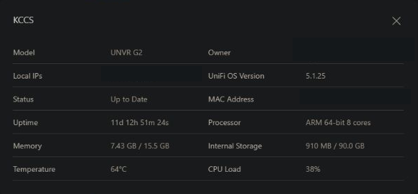 Redacted live About This Console capture showing the UNVR G2 model, eight-core processor, and 7.43 GB used out of 15.5 GB.