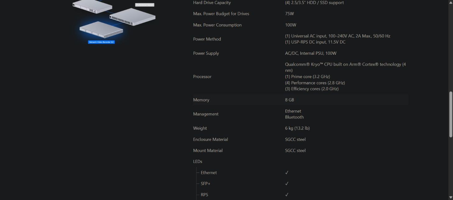 Ubiquiti’s official UNVR G2 hardware specification showing the Qualcomm processor and 8 GB of memory.