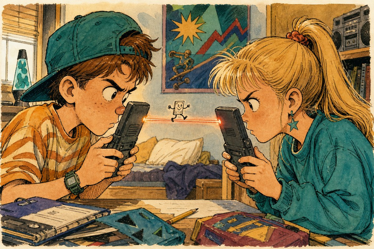 Two kids hold handheld organizers nose-to-nose with laser-like concentration while one contact card crawls through an invisible beam.