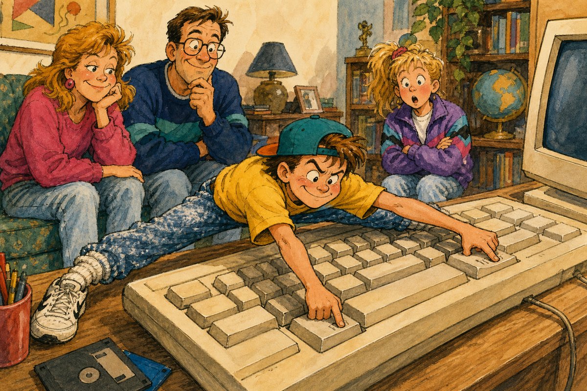 A small kid performs an exaggerated full-body gymnastic stretch to press Ctrl, Alt, and Delete on a giant beige keyboard.