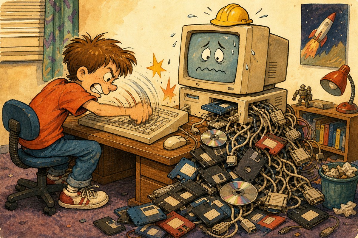 A kid repeatedly smacks the F8 key while the computer puts on a tiny safety helmet and sheds piles of drivers.