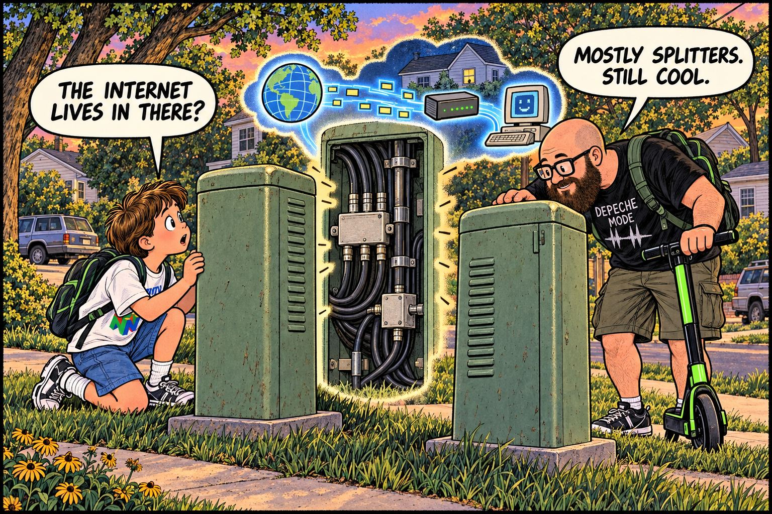 A curious 90s kid and his adult self investigate green cable pedestals without opening them.