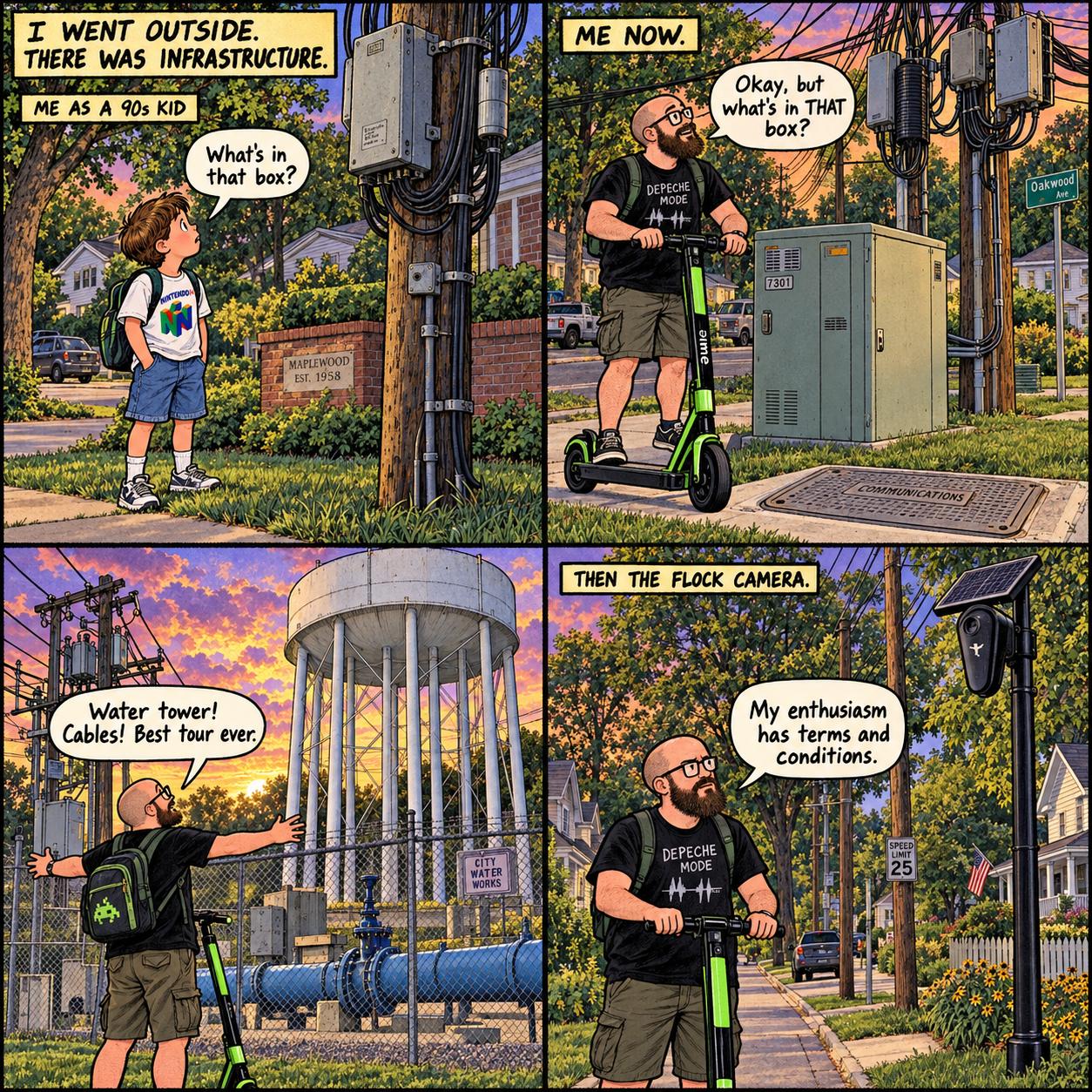 A four-panel comic shows a curious 90s kid growing into an adult who tours neighborhood infrastructure by scooter while remaining skeptical of surveillance.