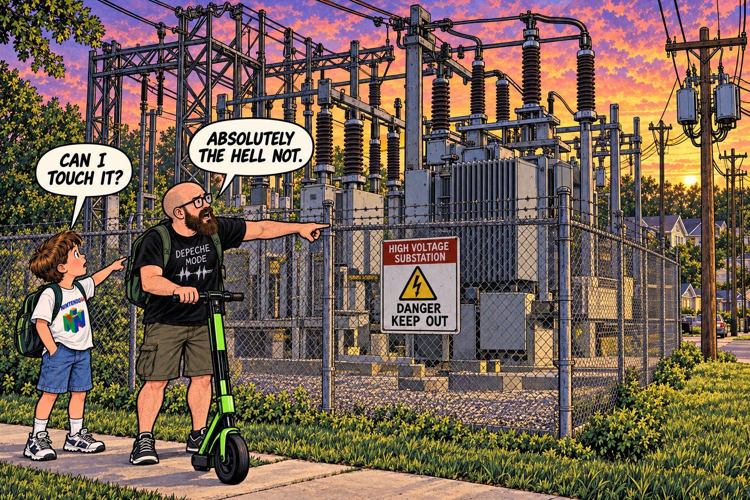 A curious 90s kid and his adult self safely study an electrical substation from outside its fence.