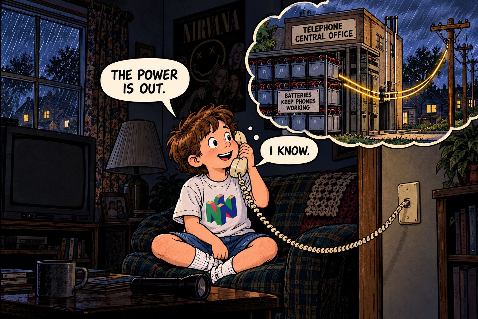 A 90s kid discovers that a beige corded telephone still works during a neighborhood blackout.