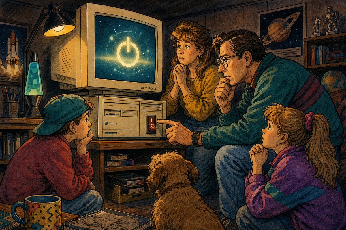 A 1990s family waits reverently for a beige computer to grant permission before Dad touches the huge physical power switch.