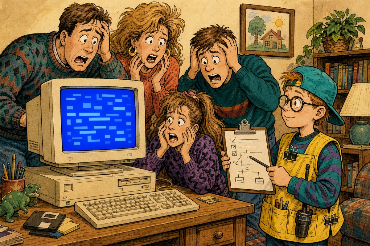 A terrified family gathers around a bright blue CRT while the kid calmly wears a homemade incident-commander badge.