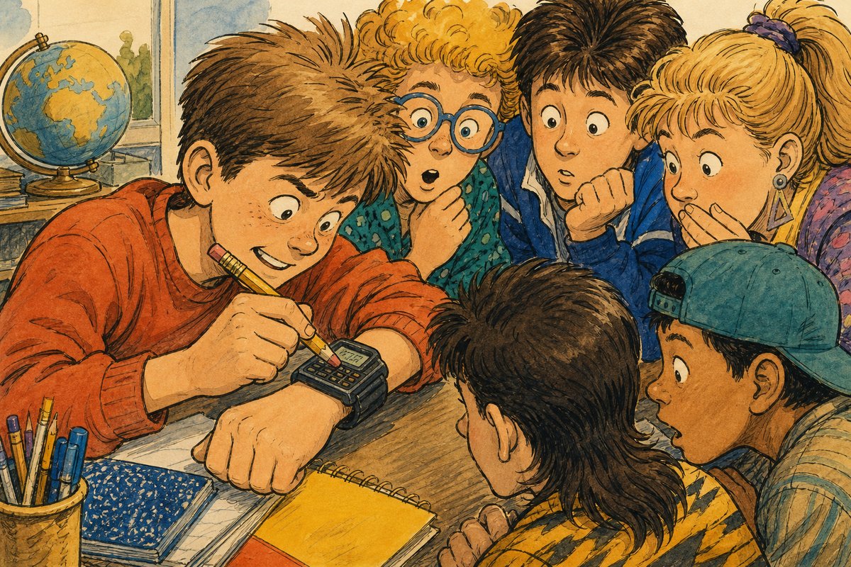 A kid uses a pencil eraser to press microscopic calculator-watch buttons while classmates treat the wrist like mission control.