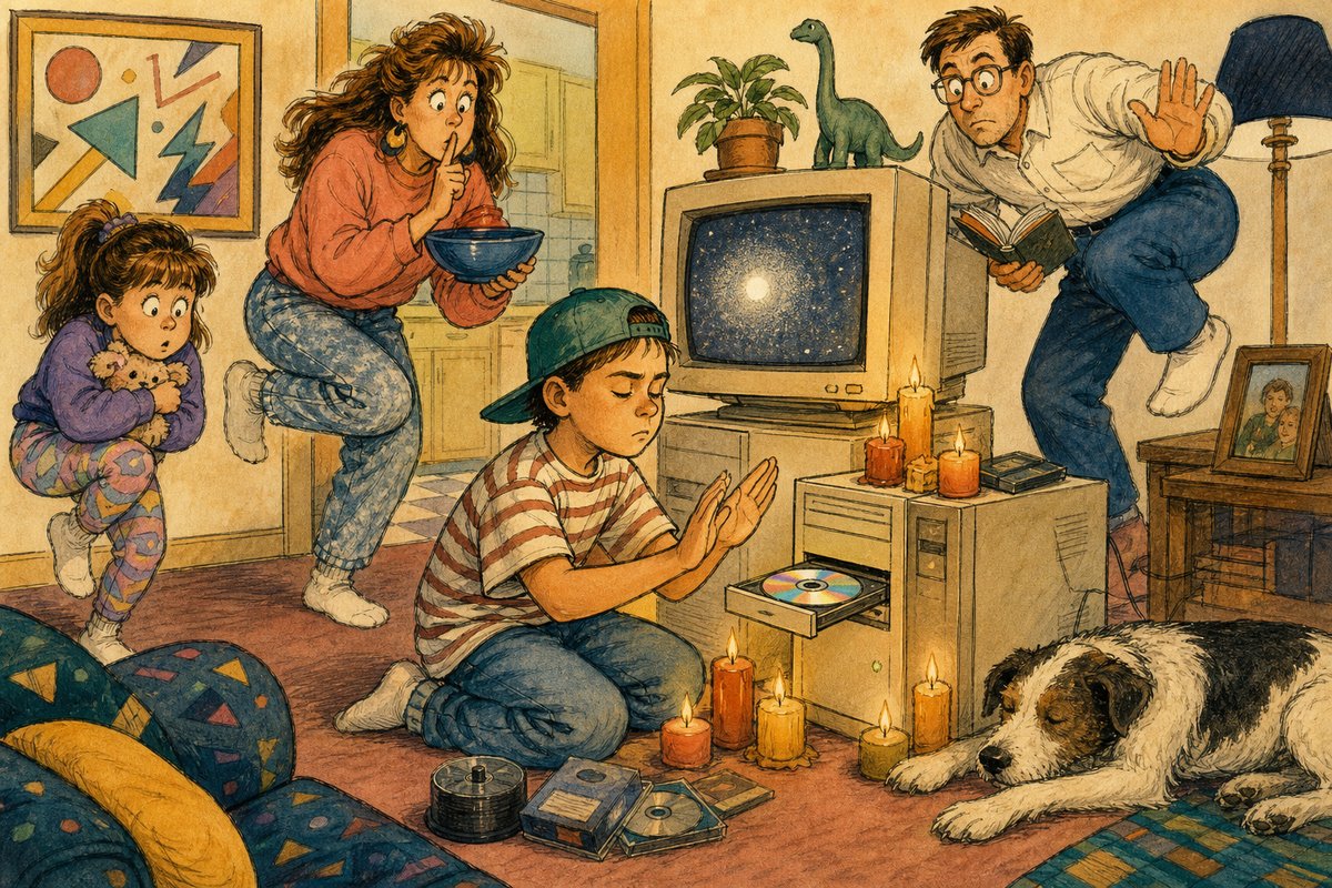 A kid guards a slowly burning CD-R ceremony while the whole family freezes to avoid disturbing the computer.