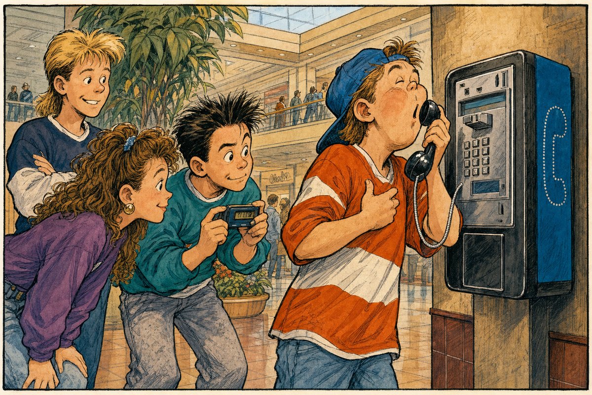 A kid at a payphone inhales dramatically before squeezing an entire pickup message into the tiny spoken-name slot.