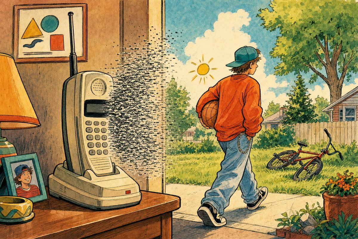 A teenager walks away from a giant-antenna cordless-phone base while the conversation physically turns into static snow behind them.