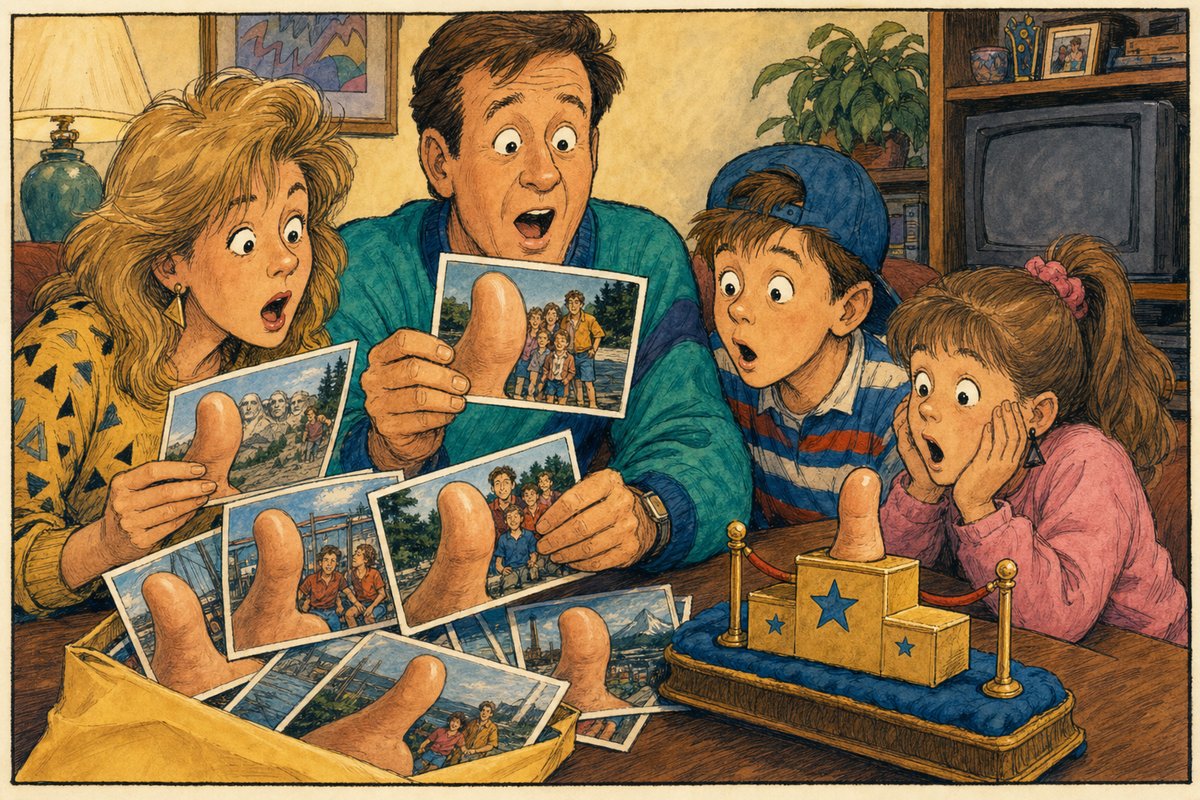 A family opens a photo-development envelope to discover an awards ceremony for the photographer&rsquo;s thumb.
