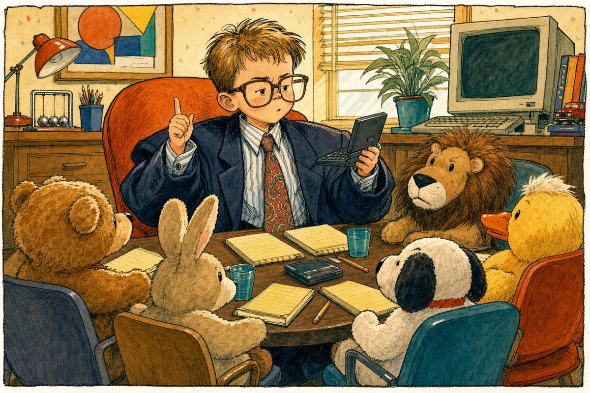 A kid in oversized business clothes conducts a board meeting using a tiny clamshell electronic organizer.