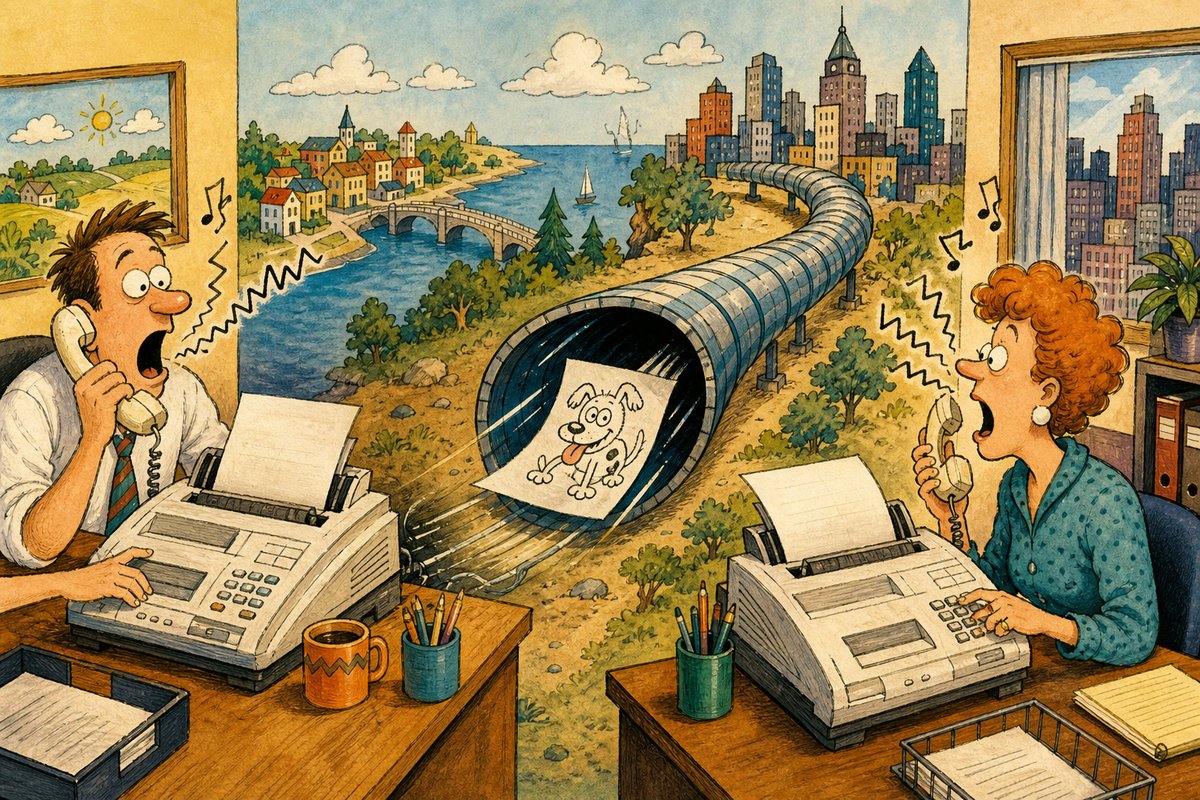 Two fax machines on opposite sides of town yell modem noises into telephones while a paper drawing crawls between them.