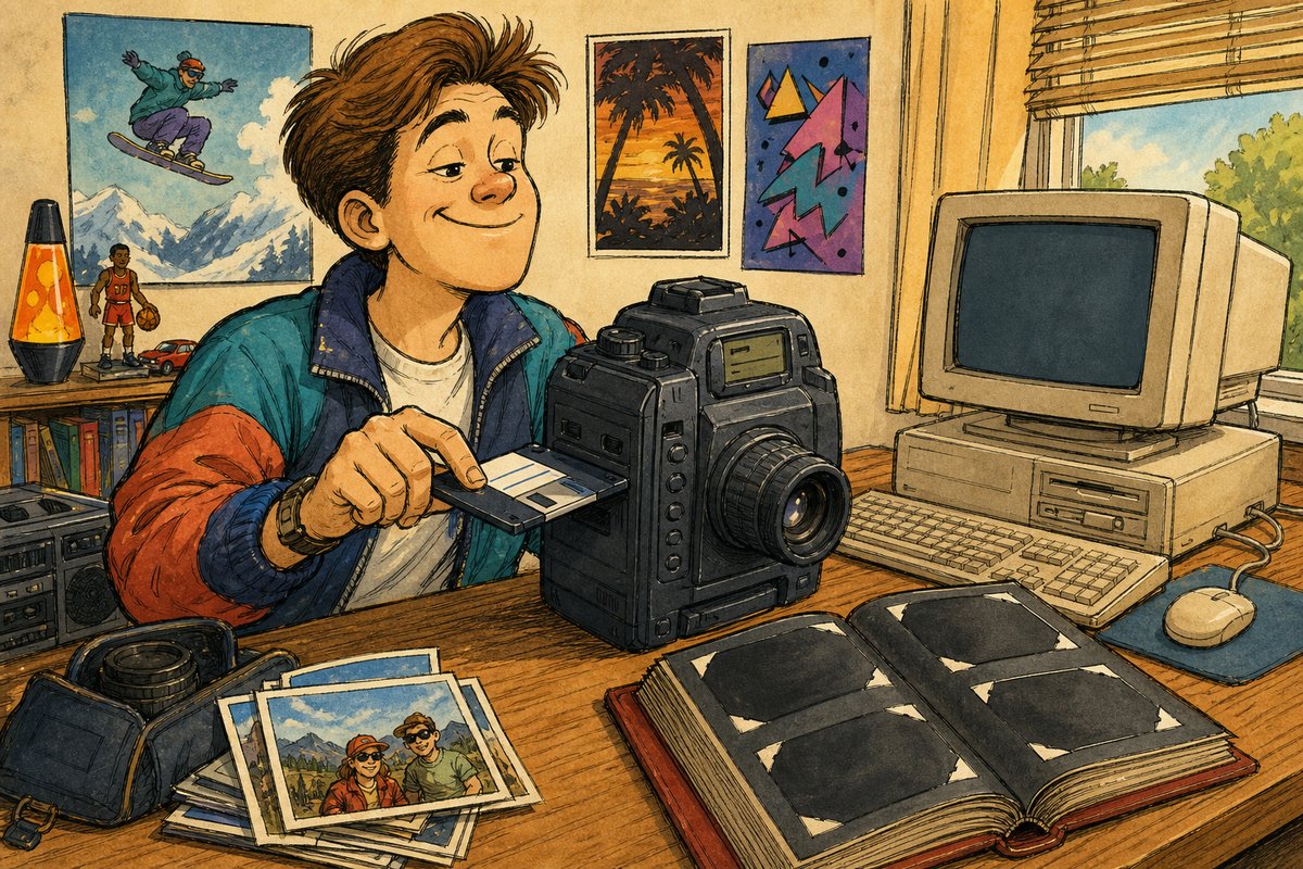 A proud photographer feeds ordinary floppy disks into a bulky digital camera while the family computer waits with a photo album.