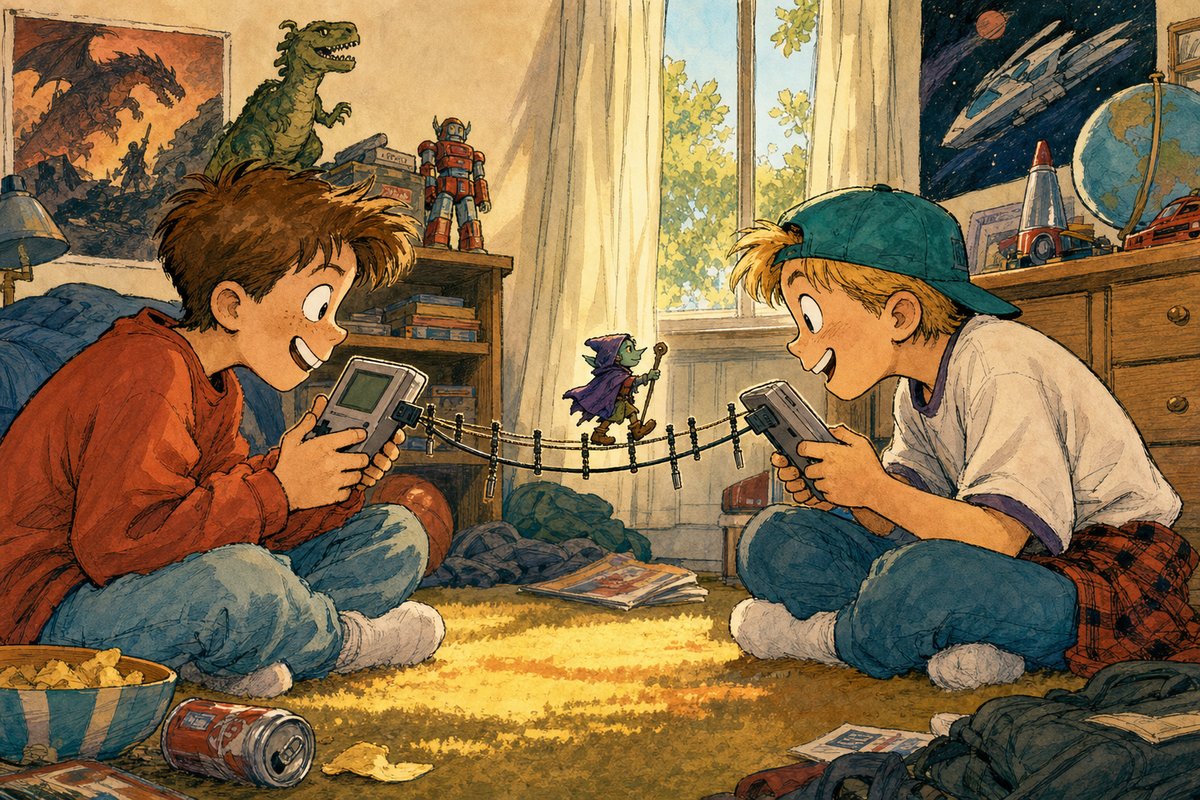 Two kids connect handheld game systems with a cable treated like a high-security bridge carrying one tiny creature across.