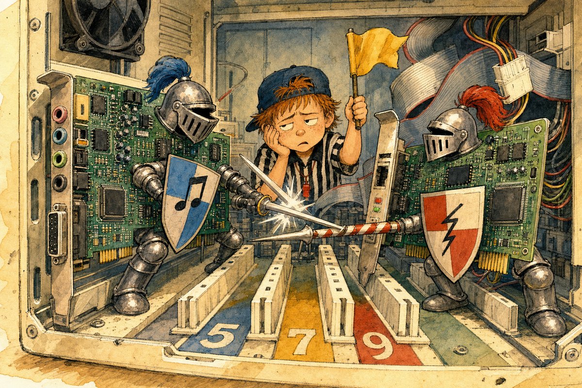 A sound card and modem dressed as medieval knights duel over a numbered IRQ parking space inside a beige PC.