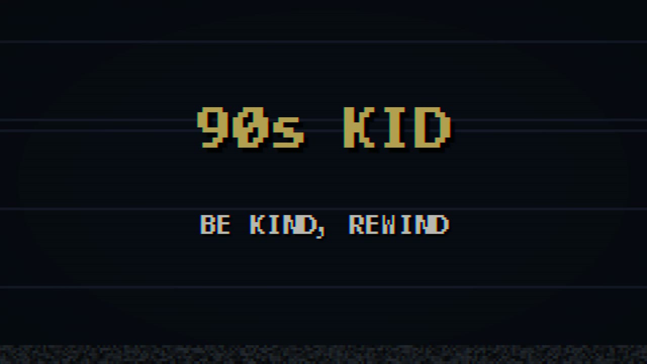 The title card of 90s KID - Be Kind, Rewind, a pixel-art film about growing up in the 1990s.