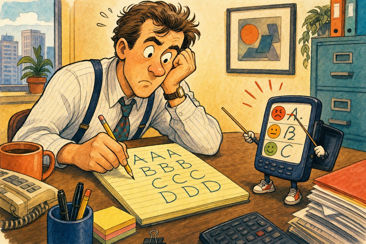 A businessperson practices strange single-stroke alphabet shapes while a tiny handheld device grades the handwriting.