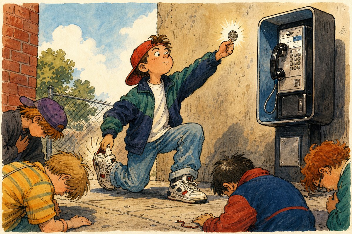 A kid presents one emergency quarter from a sneaker to a payphone like a knight offering a sacred coin.