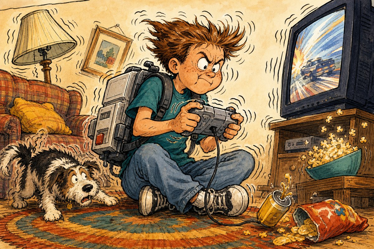 A kid grips a violently vibrating controller while furniture, snacks, and the family dog shake in sympathy.