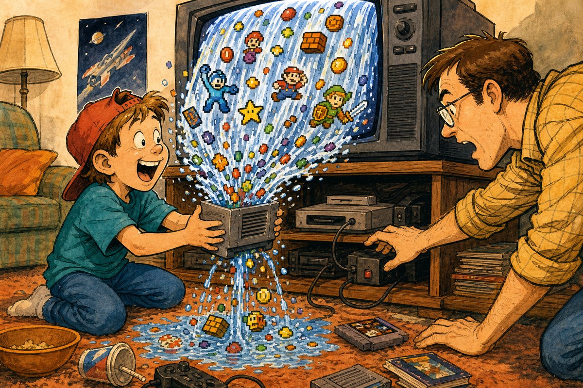 A kid holds a game cartridge adapter under a cable-TV waterfall while pixel games pour into it and leak out when Dad reaches for the power switch.