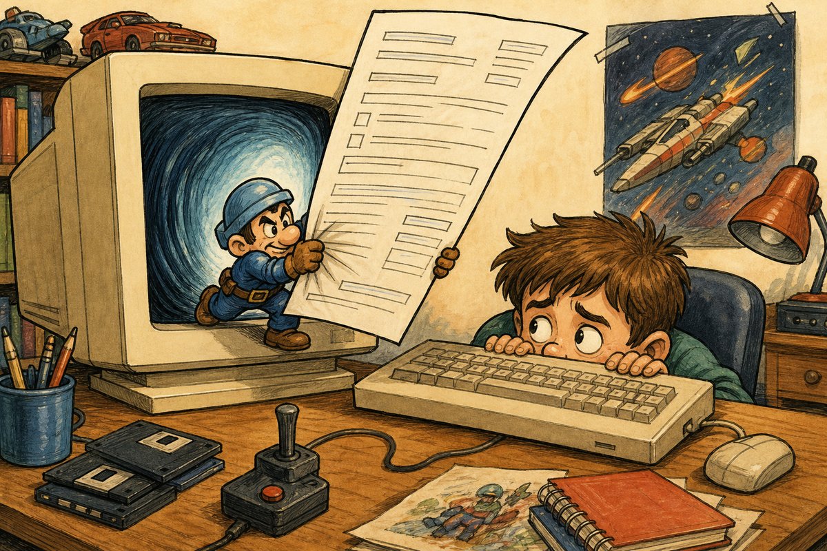 A tiny shareware game character climbs out of the CRT holding an enormous registration form while the kid hides behind the keyboard.