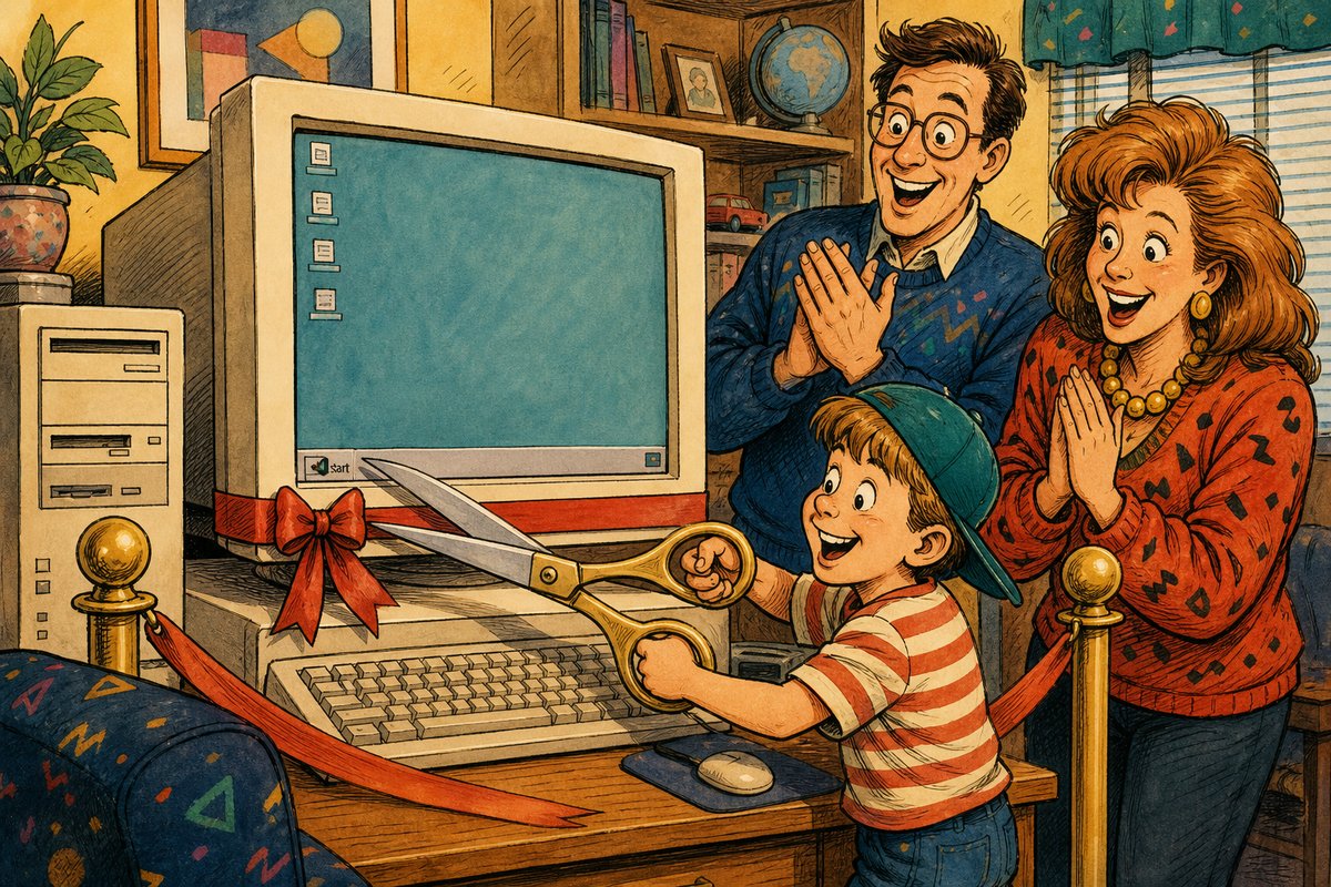 A family holds a ribbon-cutting ceremony for the new Start button in the lower-left corner of a beige Windows 95 computer.