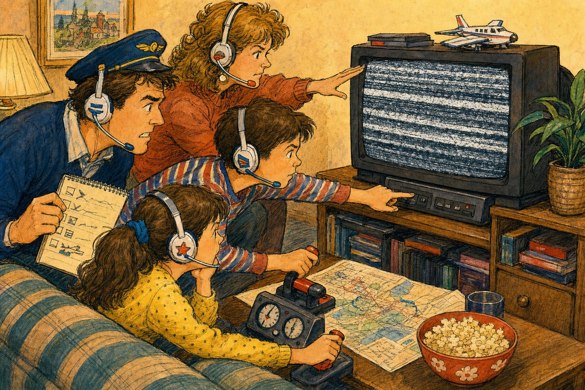 A family steers horizontal static off a CRT with tracking buttons as if landing an airplane in a snowstorm.