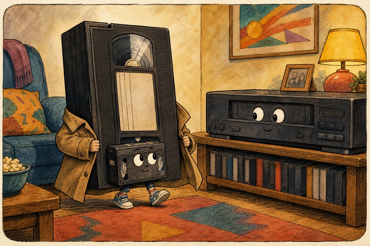 A tiny camcorder cassette steps into an enormous full-size VHS disguise before approaching the family VCR.