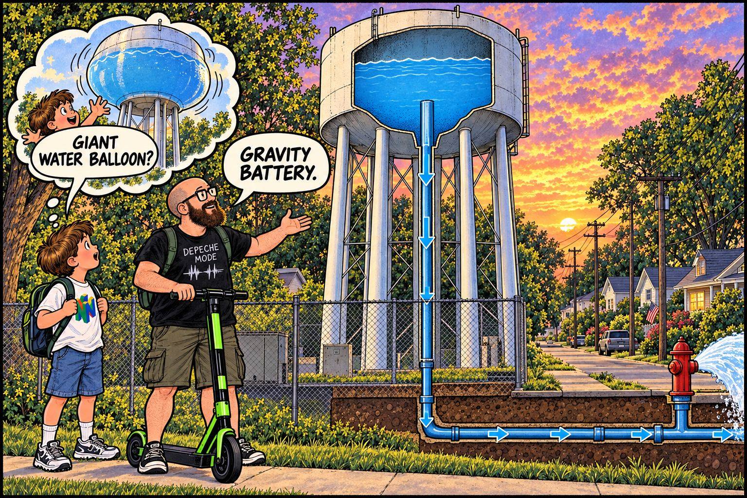 A 90s kid imagines a water tower as a giant balloon while his adult self explains gravity pressure.