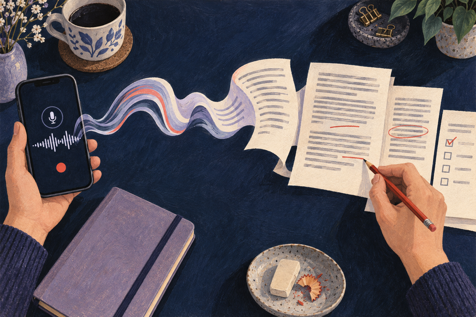 A phone waveform becomes paper paragraphs while a hand marks corrections.