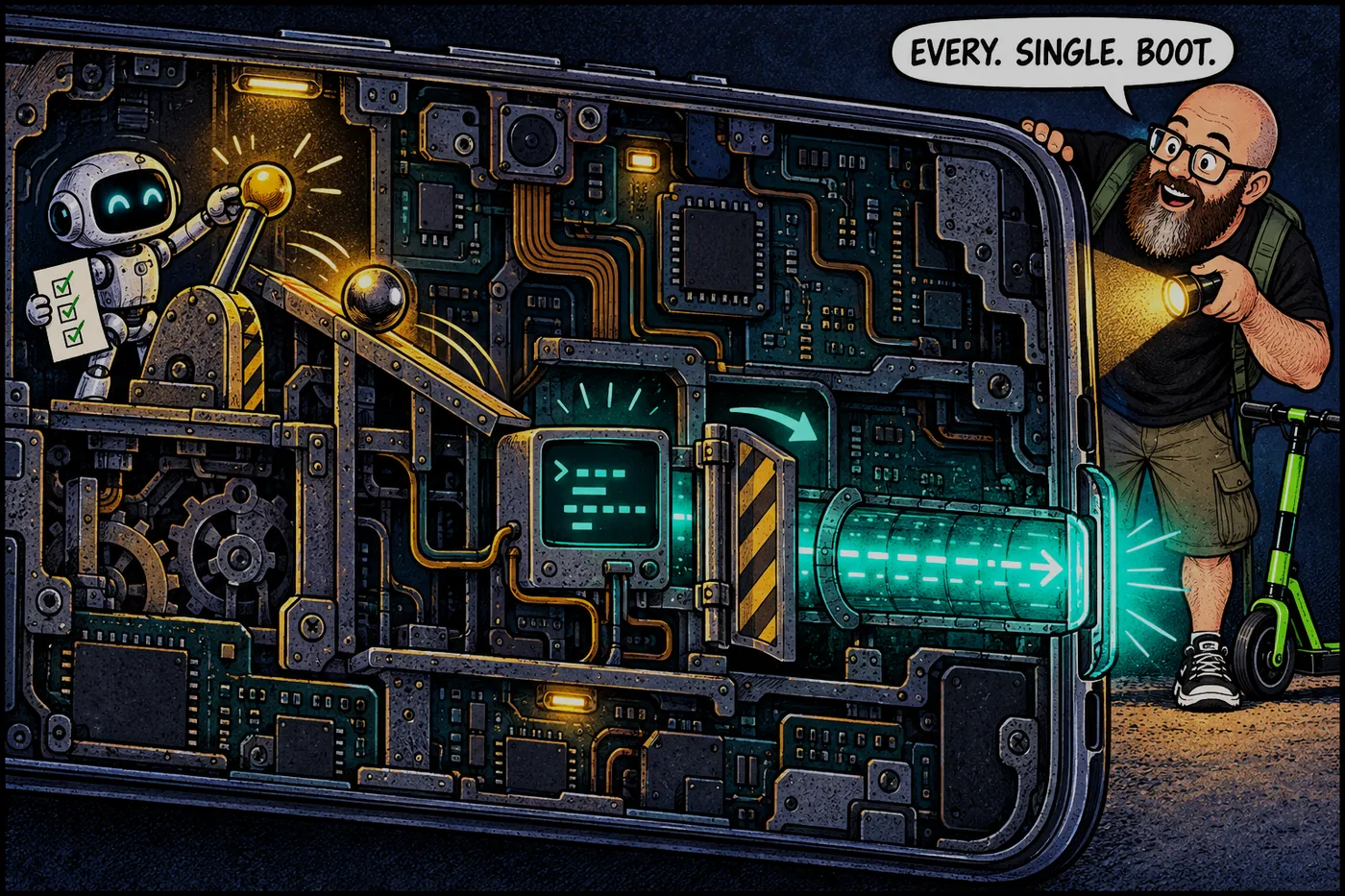 A cutaway of a phone: a small robot with a checklist flips a lever, a ball rolls to a terminal, and a gate opens onto a glowing teal tunnel.
