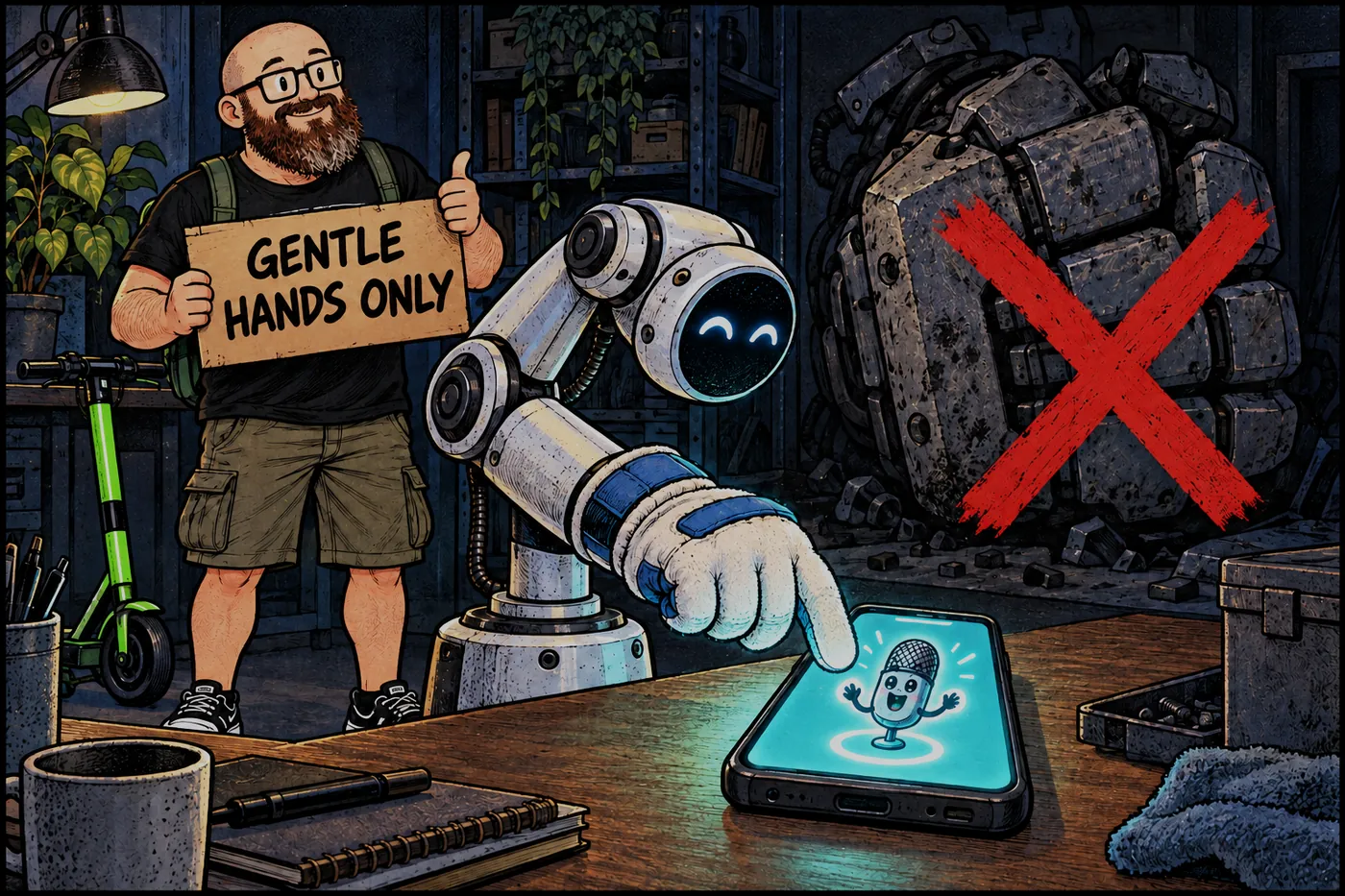 A padded robot glove gently taps a phone while a smiling microphone character stays on screen; behind them a clumsy giant robot fist is crossed out. The host holds a sign reading GENTLE HANDS ONLY.