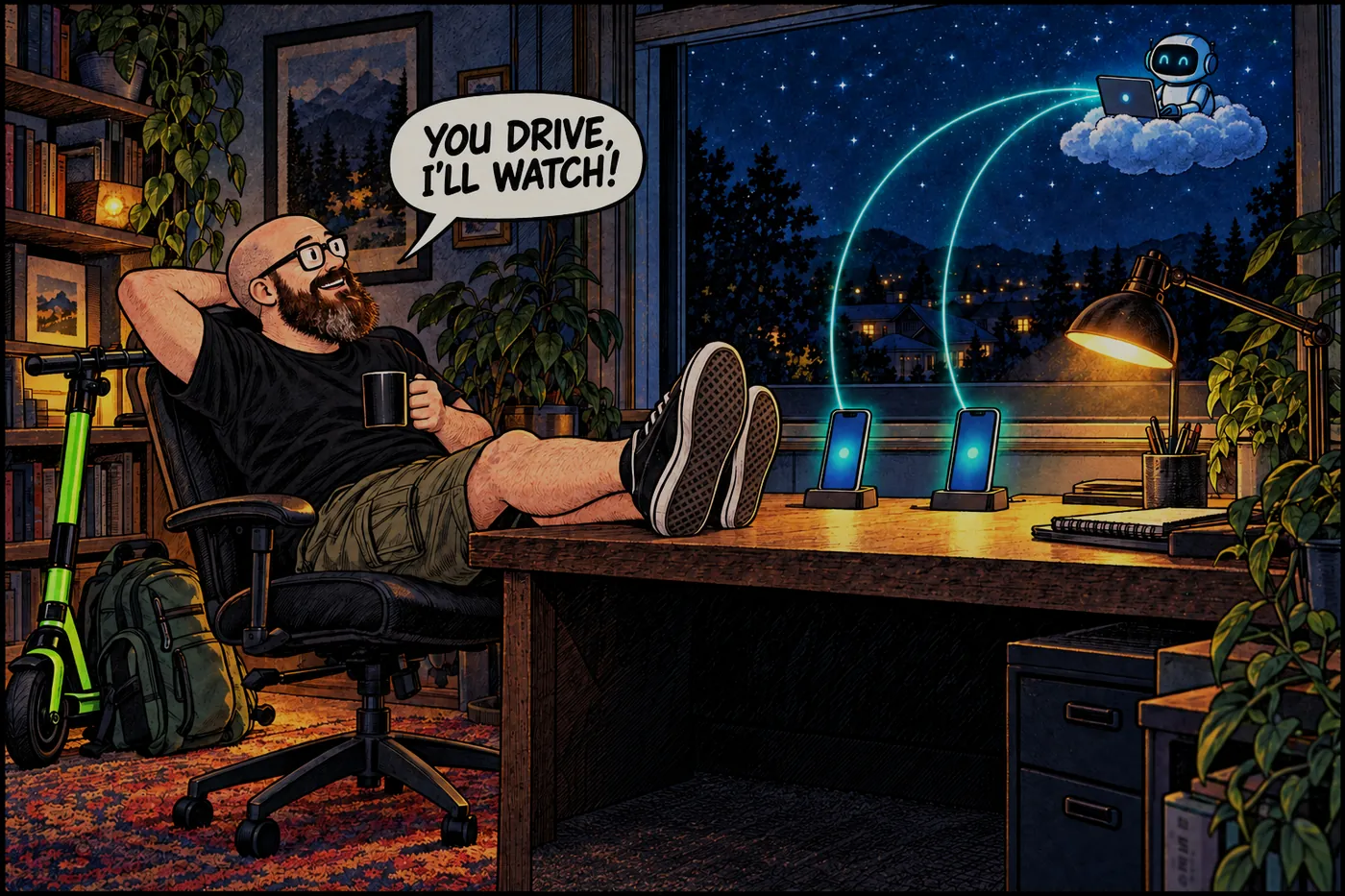 The host leans back with a coffee while glowing lines run from two docked phones out the window to a small robot on a cloud.