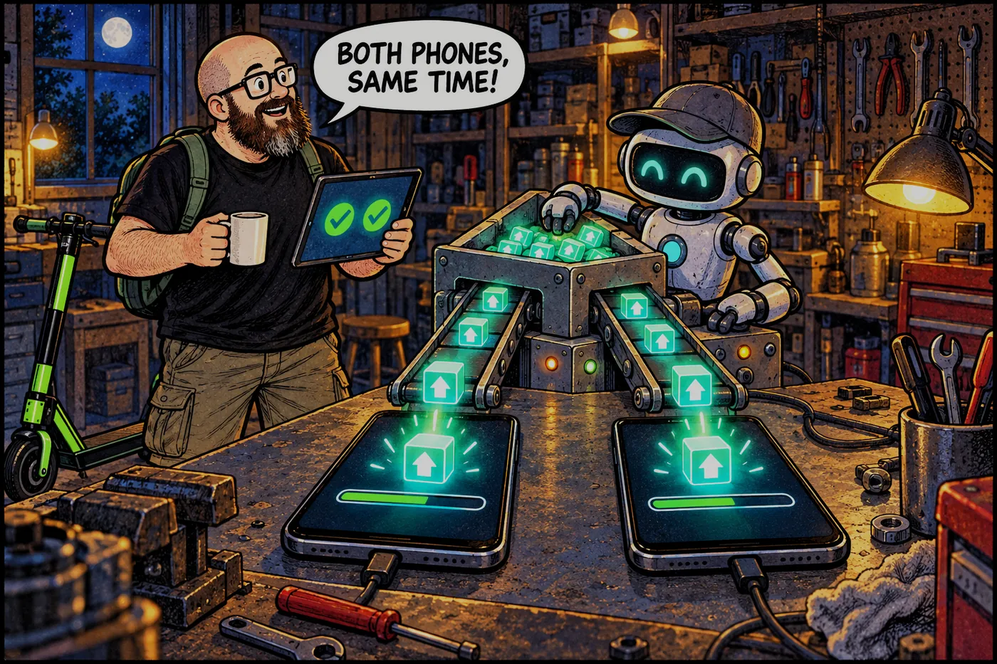 Two phones lie side by side on a dark workbench while a small mechanic robot feeds glowing boxes into both from a conveyor belt; the host holds a tablet showing two green checkmarks.