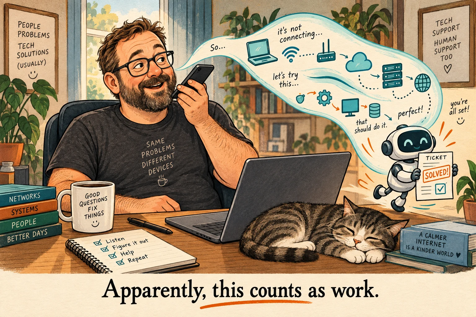 An IT technician talks through a support problem with a phone and a friendly AI helper.