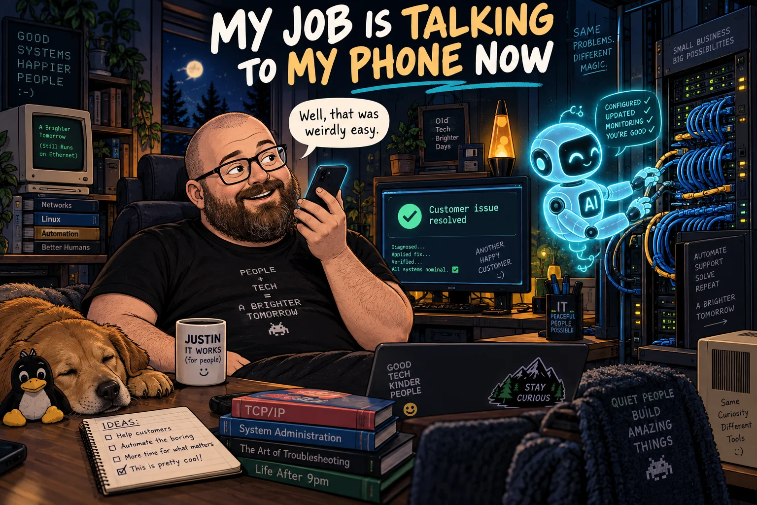 Justin talking to his phone while an AI companion helps resolve a customer issue