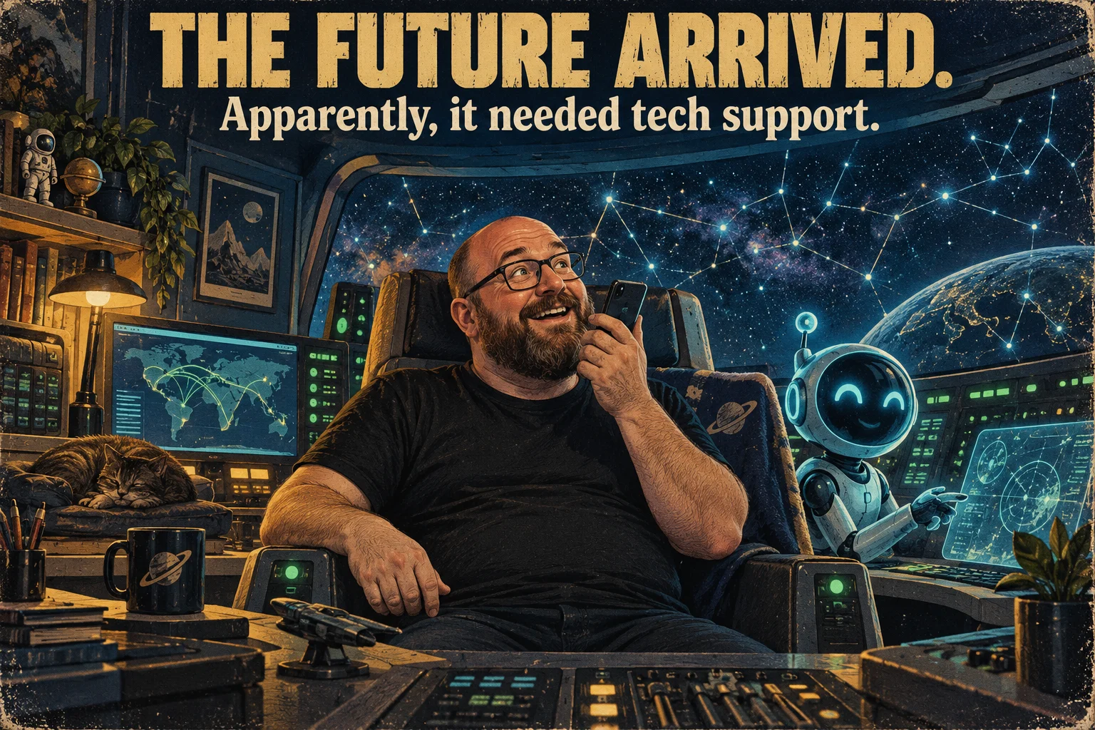 Retro science-fiction illustration of Justin using his phone as an IT command center