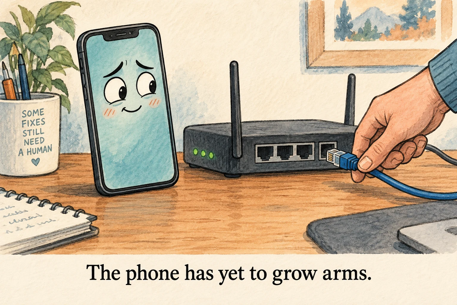 An armless phone watches a human plug an Ethernet cable into a router.
