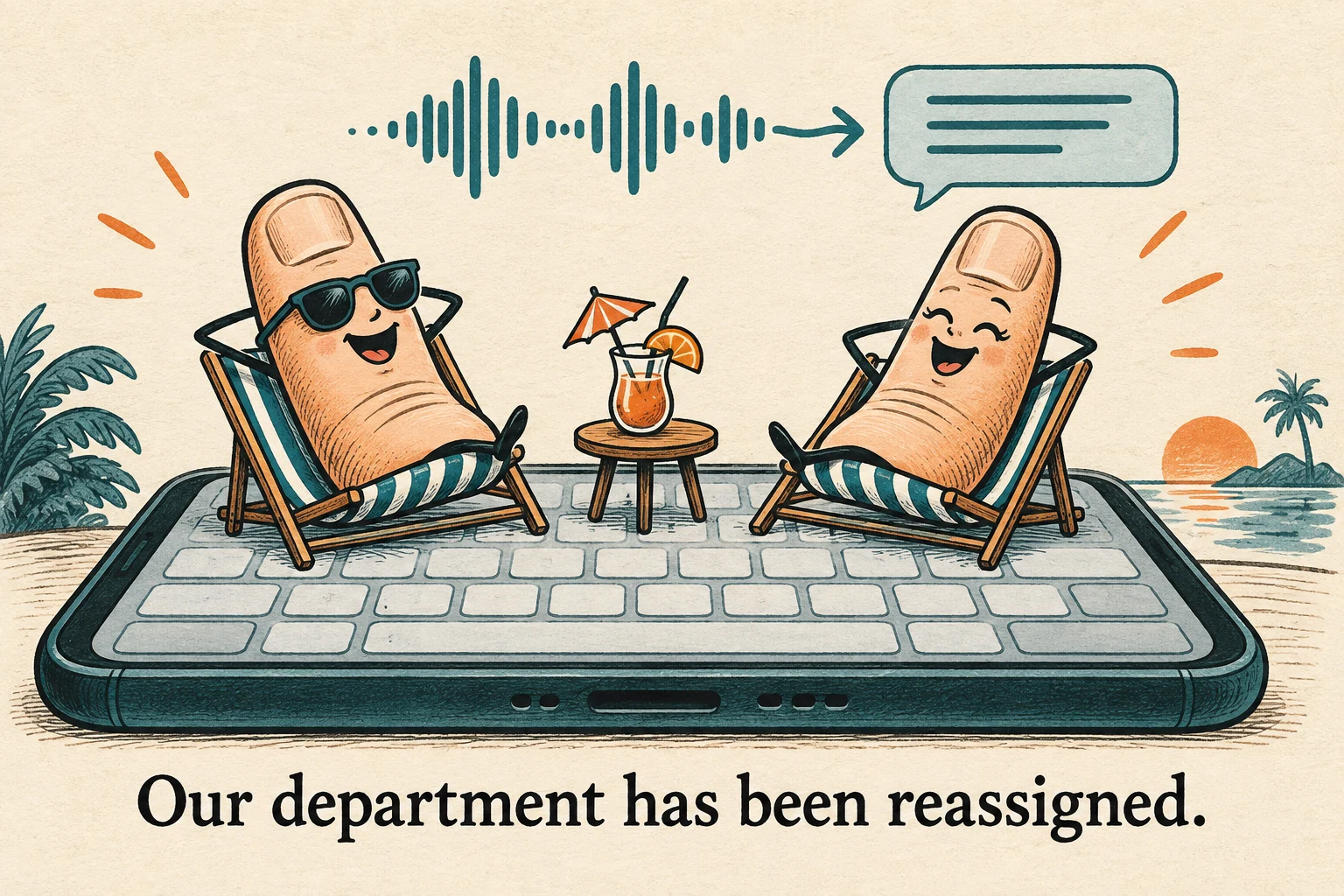 Two cartoon thumbs relax on a phone keyboard while voice dictation takes over.
