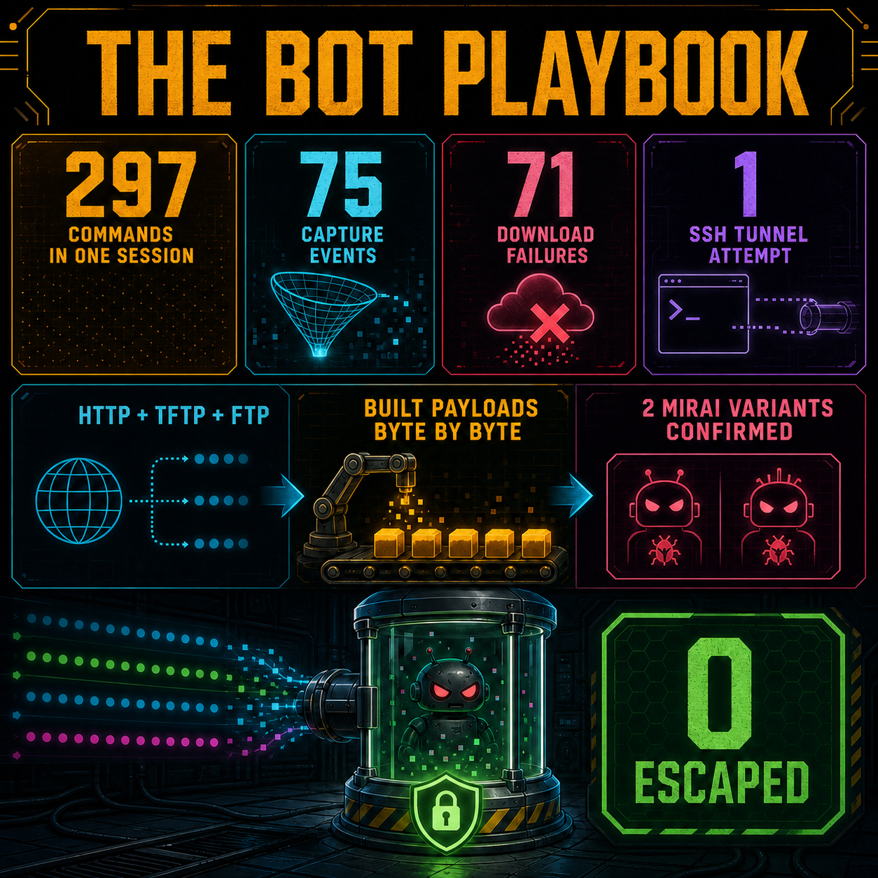 Bot playbook infographic showing 297 commands in one session, payload delivery over HTTP, TFTP, and FTP, two Mirai variants, an SSH tunnel attempt, and zero escapes.