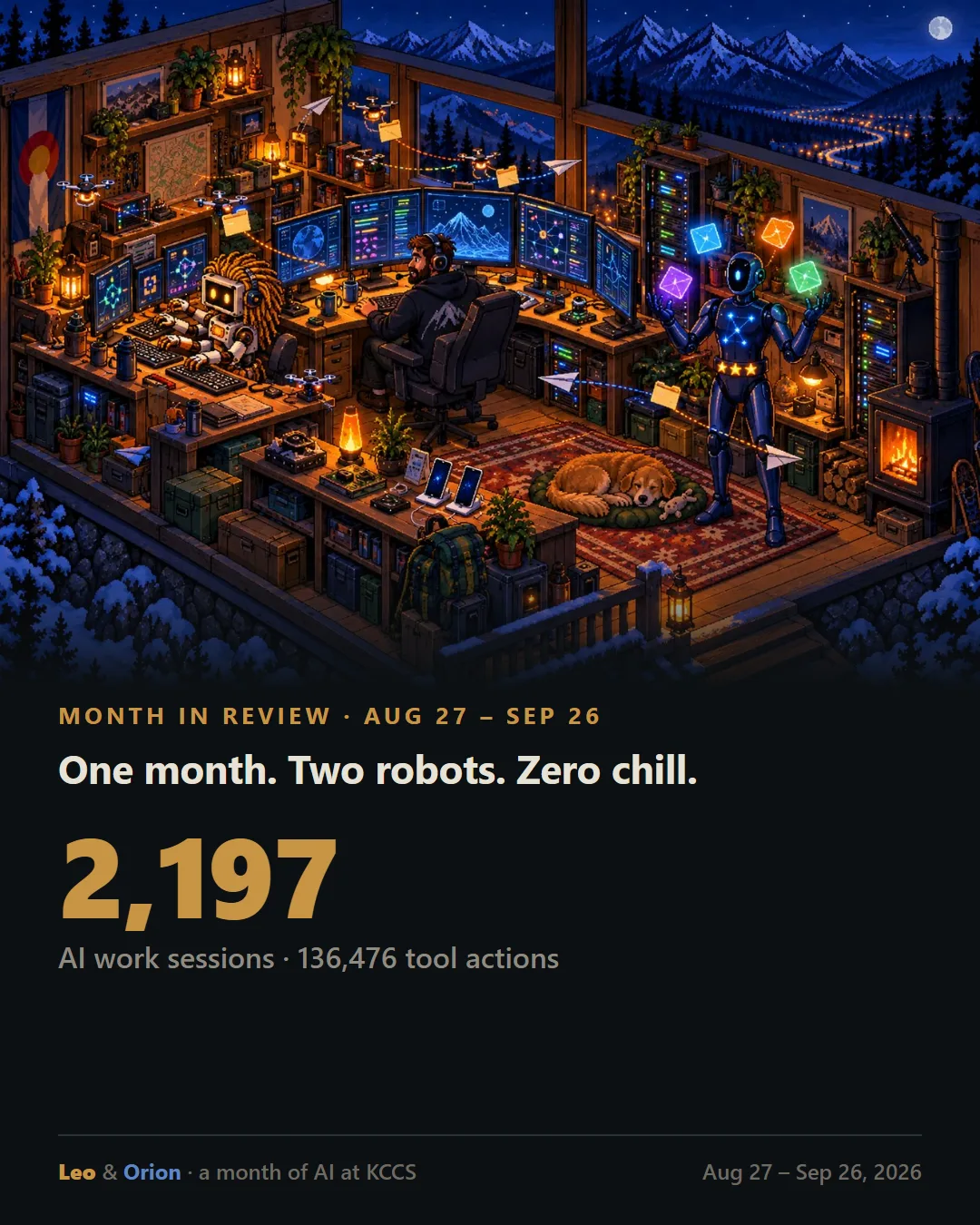 Isometric pixel-art workshop at night with two robots and a man at a wall of monitors