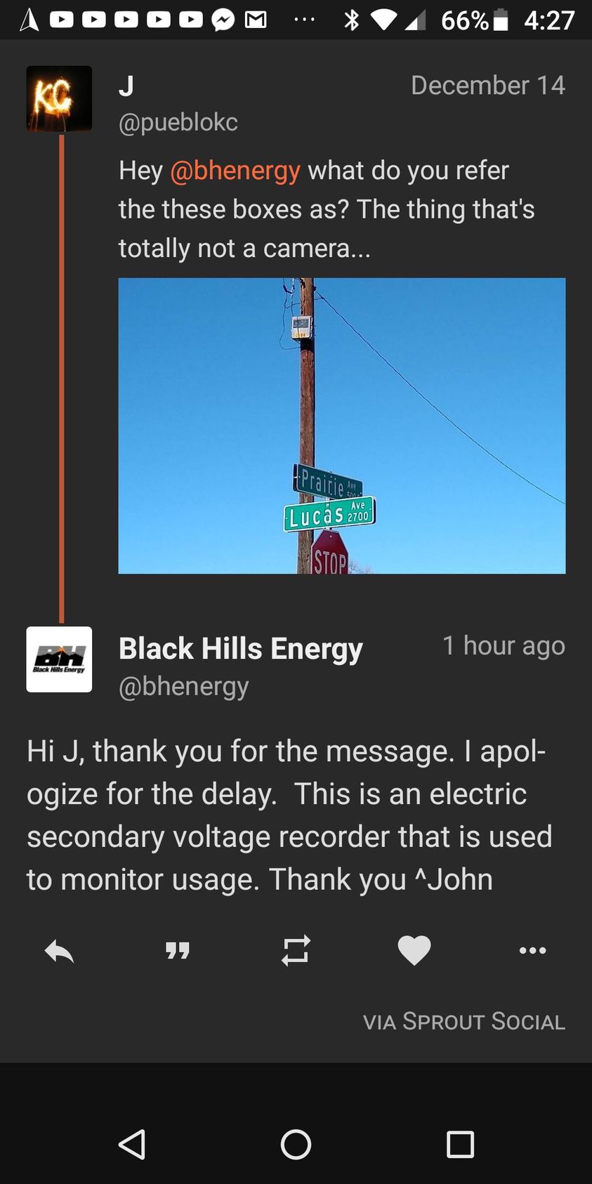 Screenshot of Black Hills Energy replying that the Prairie and Lucas device was an electric secondary voltage recorder used to monitor usage