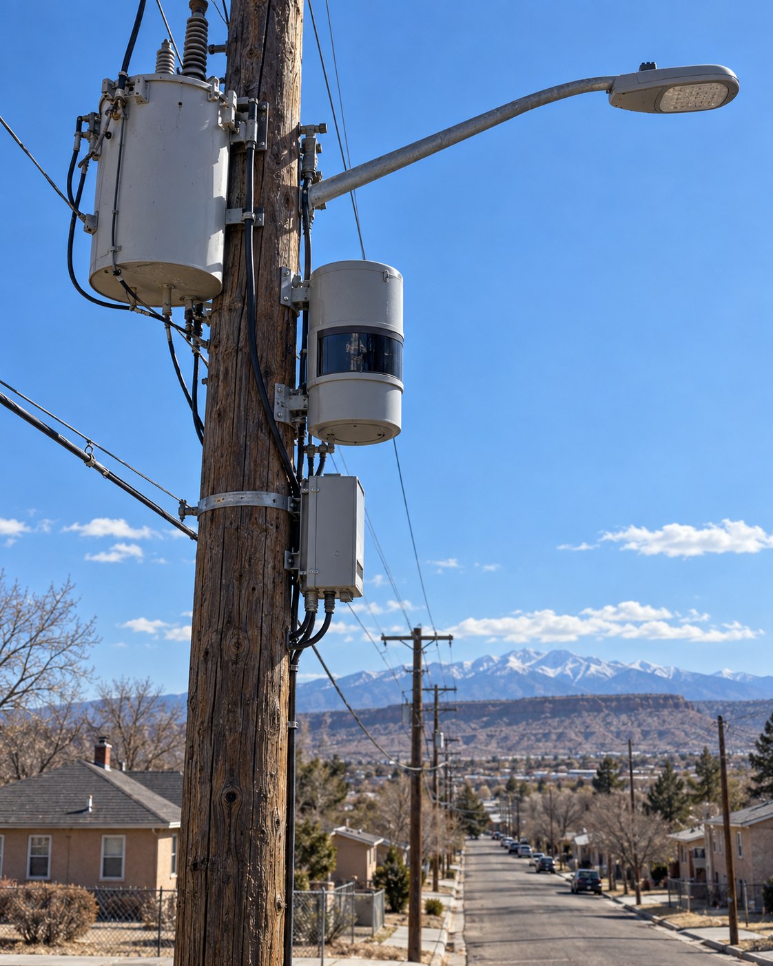 Editorial illustration of ordinary and surveillance-style equipment mounted on a Pueblo utility pole