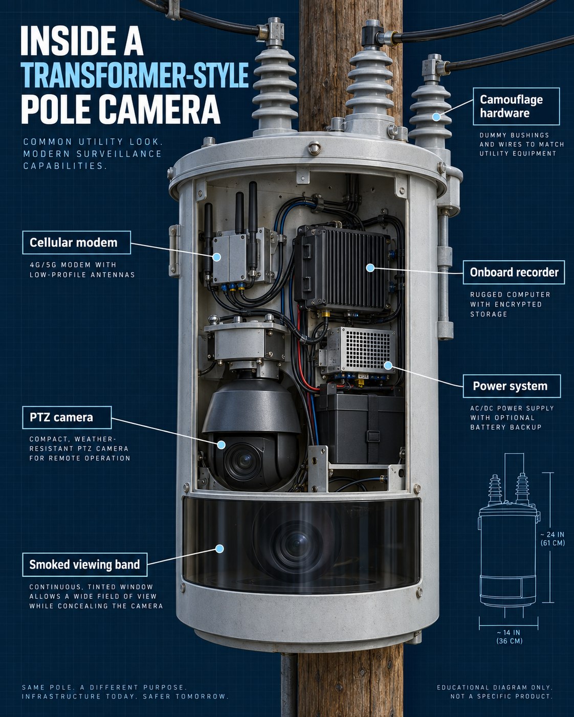 Technical illustration showing a PTZ camera, smoked viewing band, cellular modem, recorder and power system inside a transformer-style enclosure