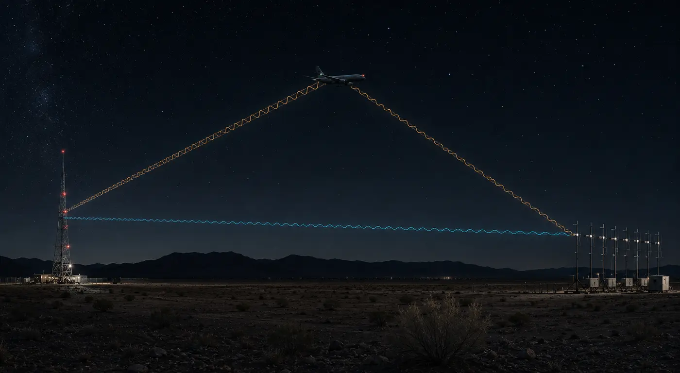 FM waves following a direct reference path and an aircraft-reflected surveillance path to a passive receiver.