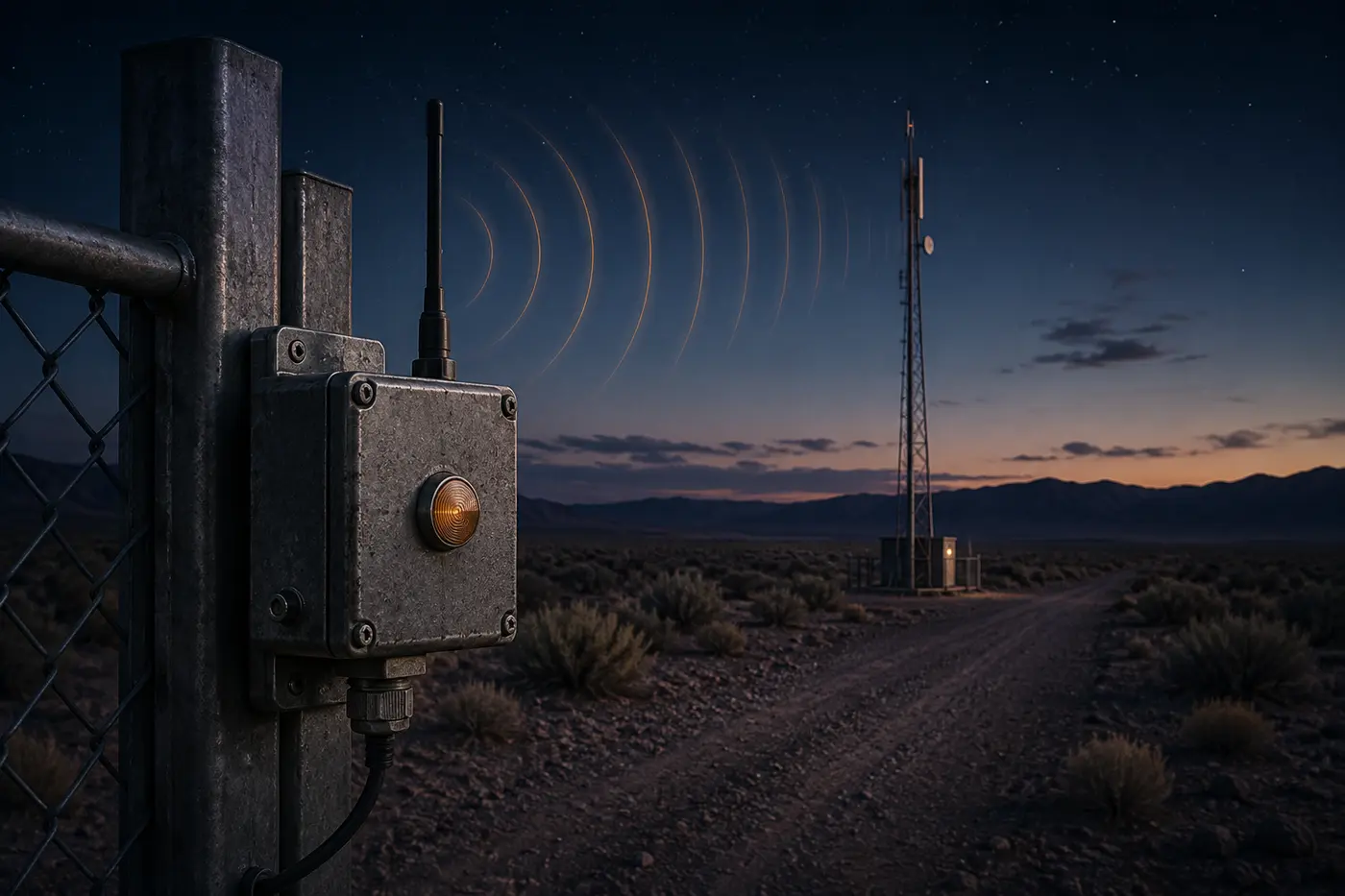 A rugged desert perimeter sensor transmitting a short radio alert near a gate.