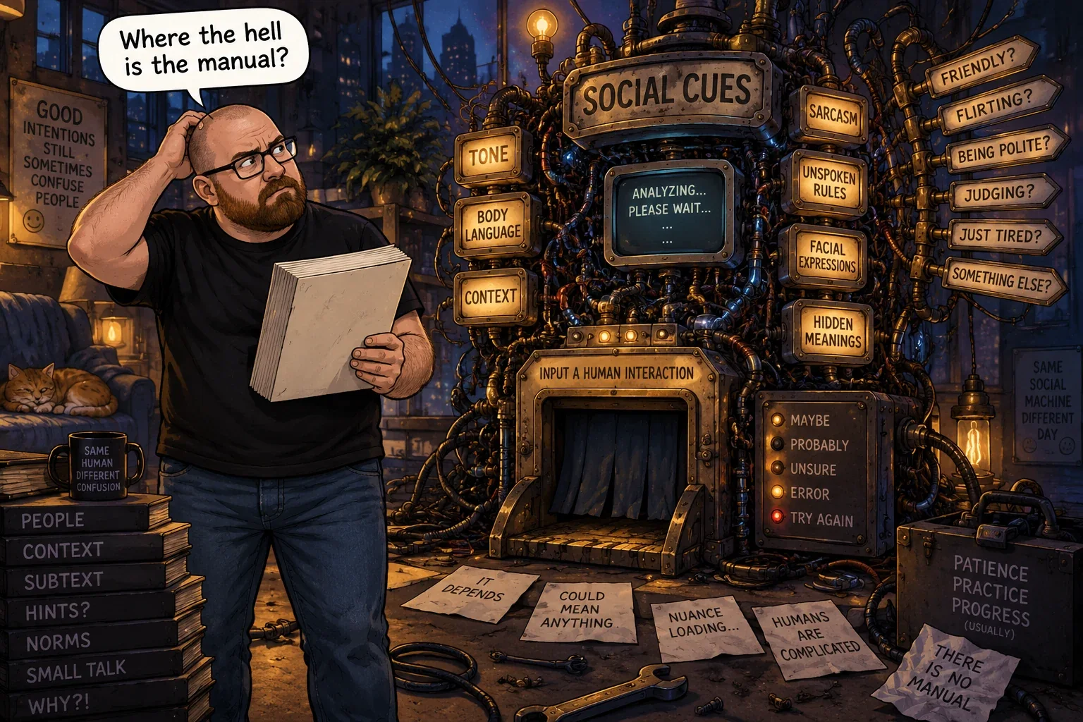Justin searches for the missing instruction manual to social interaction.