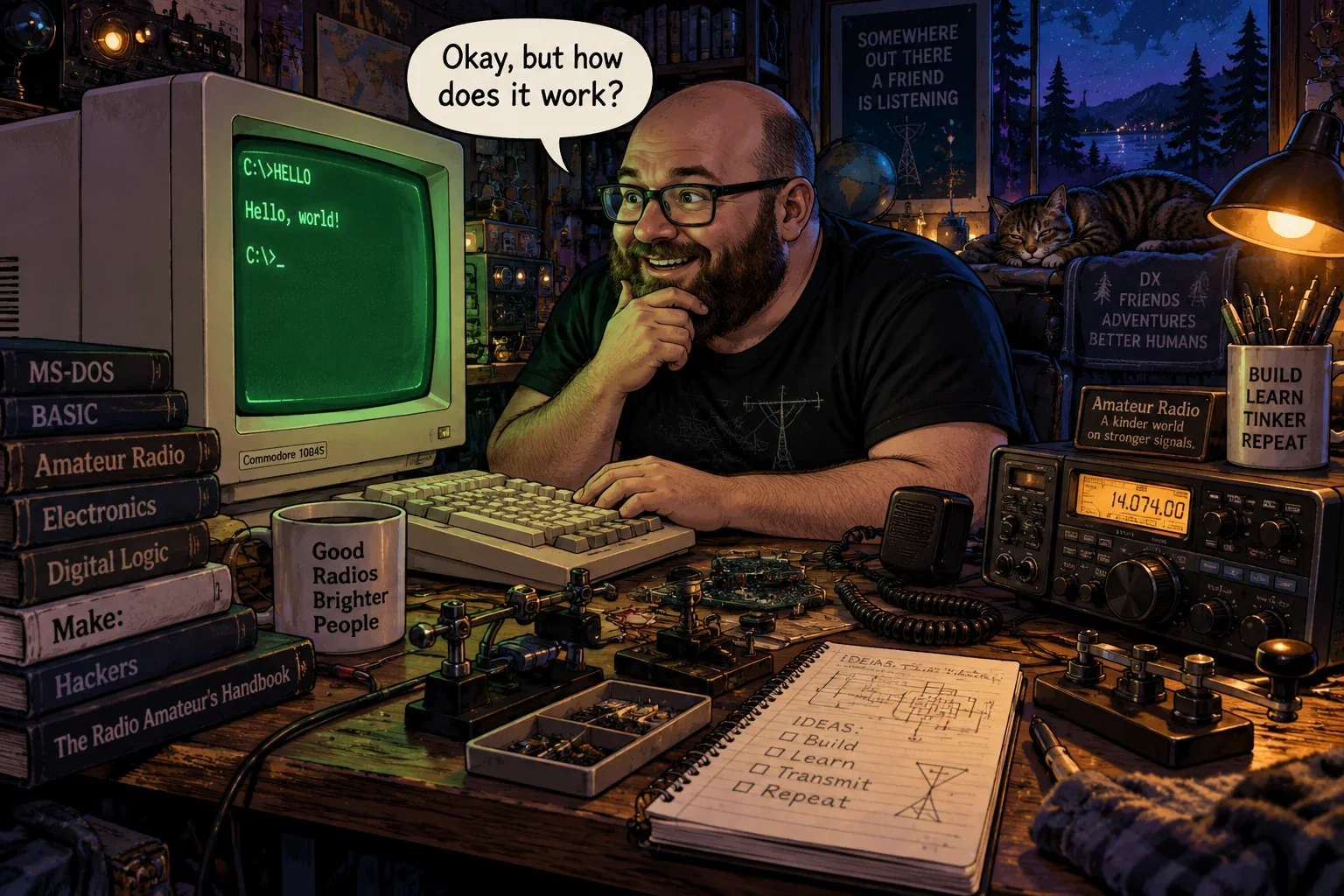Justin investigates a retro computer and radio workbench.